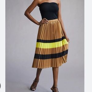 Maeve Brown and Yellow Pleated Midi Skirt